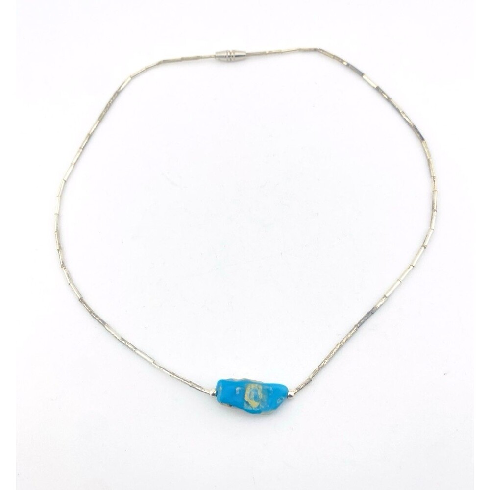 Vintage Turquoise Liquid Silver Necklace Southwestern Single Stone 15"